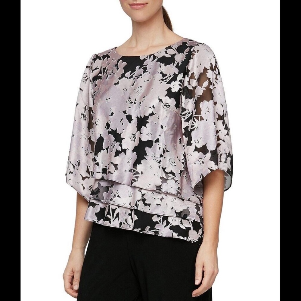 Alex Evenings Scoop Neck Asymmetric Tiered Hem Floral Blouse Pink/Black Size S